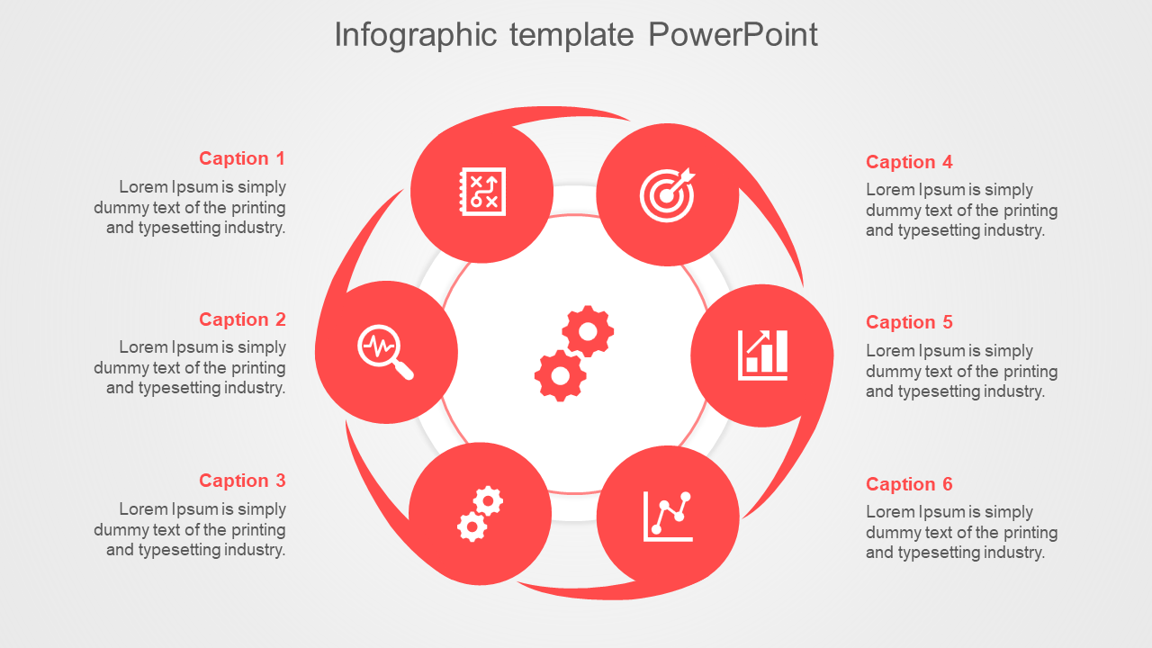 Circular infographic PowerPoint slide with six red sections, each with an icon and caption space around a central gear icon.