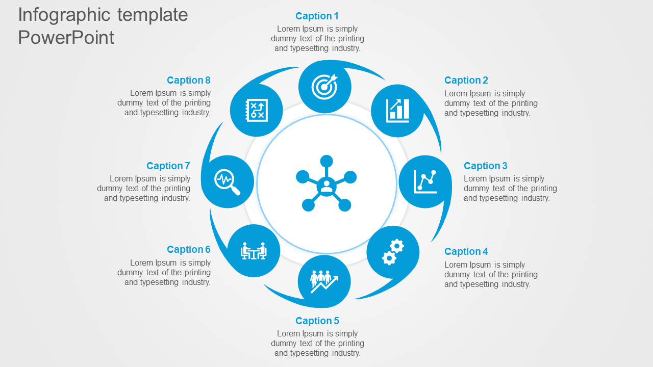 Circular layout with eight blue icons connected around a central graphic, arranged on a light gray background.