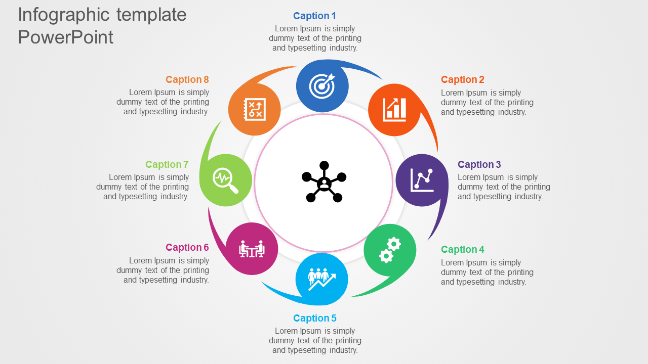 A colorful infographic slide featuring a circular diagram with eight sections and icons with placeholders for captions.