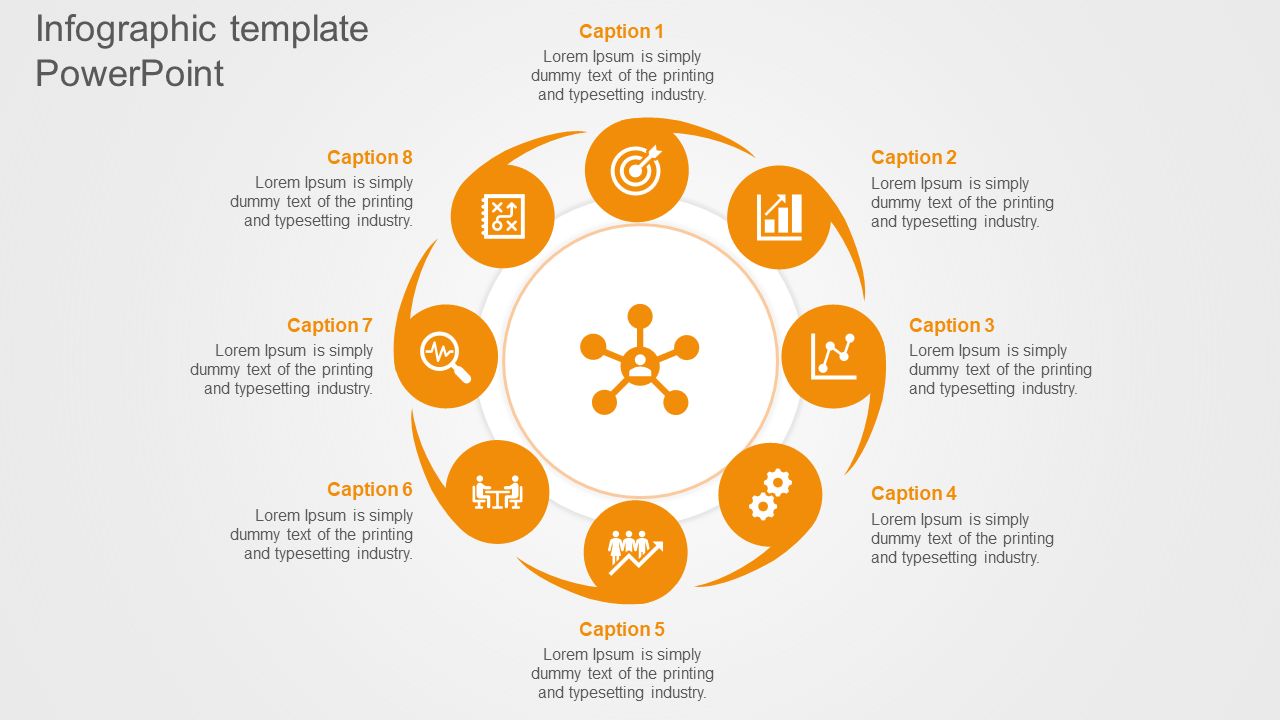 Infographic template showcasing a circular flow of eight icons, each symbolizing different business processes.