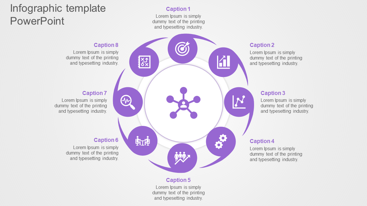 Infographic PPT template with eight circular icons and captions for each step, featuring various business related symbols.