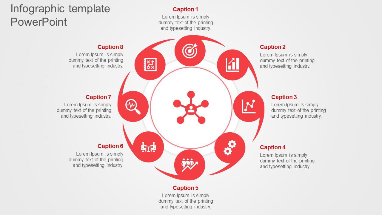 Circular infographic with eight red icons surrounding a central network symbol, each linked to a caption areas.