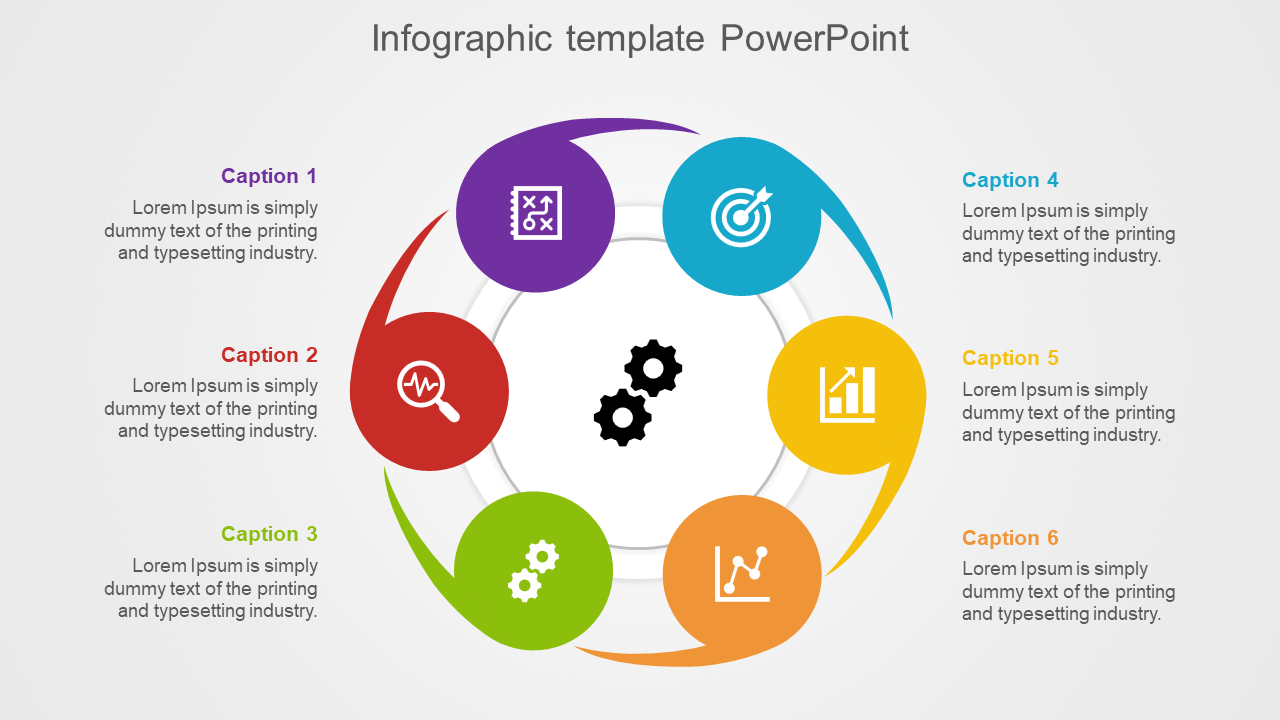 Six multicolored circular infographic featuring business icons, captions, and a gear symbol at the center.