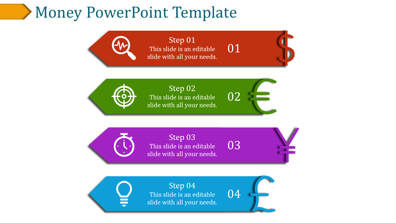 Four horizontally stacked shapes, each with a distinct currency symbol and placeholder icon on a money-themed layout.