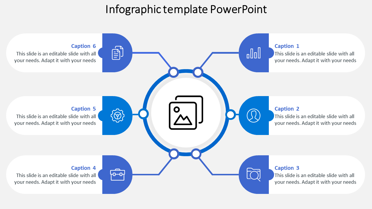 Circular infographic with six surrounding captions, each connected to the center image icon and including icons.