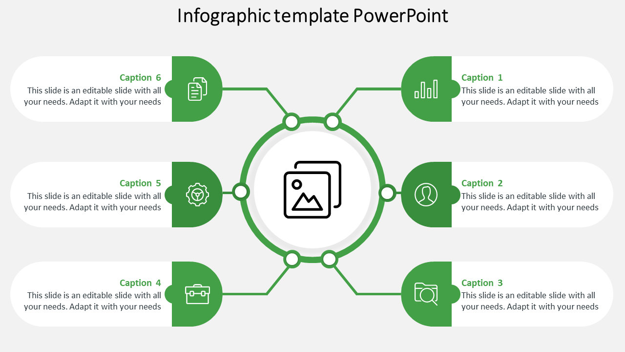 Circular infographic PowerPoint template with green icons and captions connected to a central image placeholder.