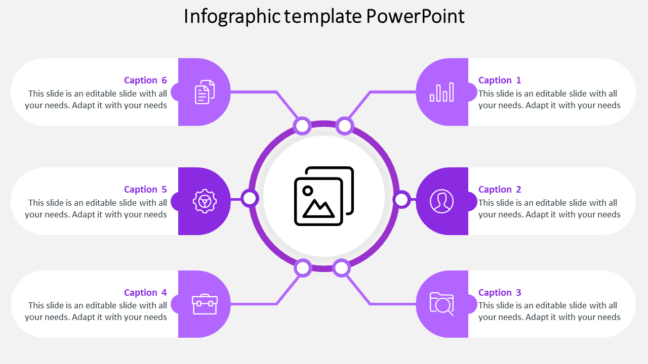 Circular infographic template with six sections connected to a central icon, each with captions and related symbols.