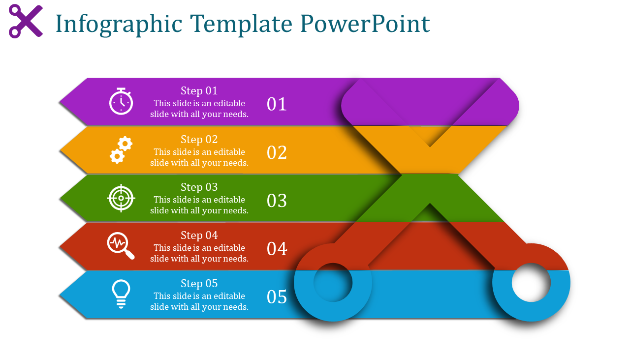 Infographic with five colored segments from purple to blue, each segment showing a step number and icon.