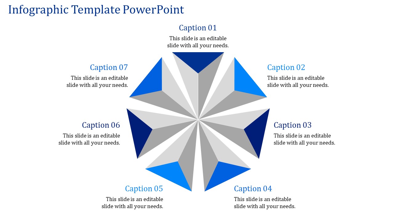 Infographic template PowerPoint slide featuring a seven point star design with captions labeled from 01 to 07 around it.