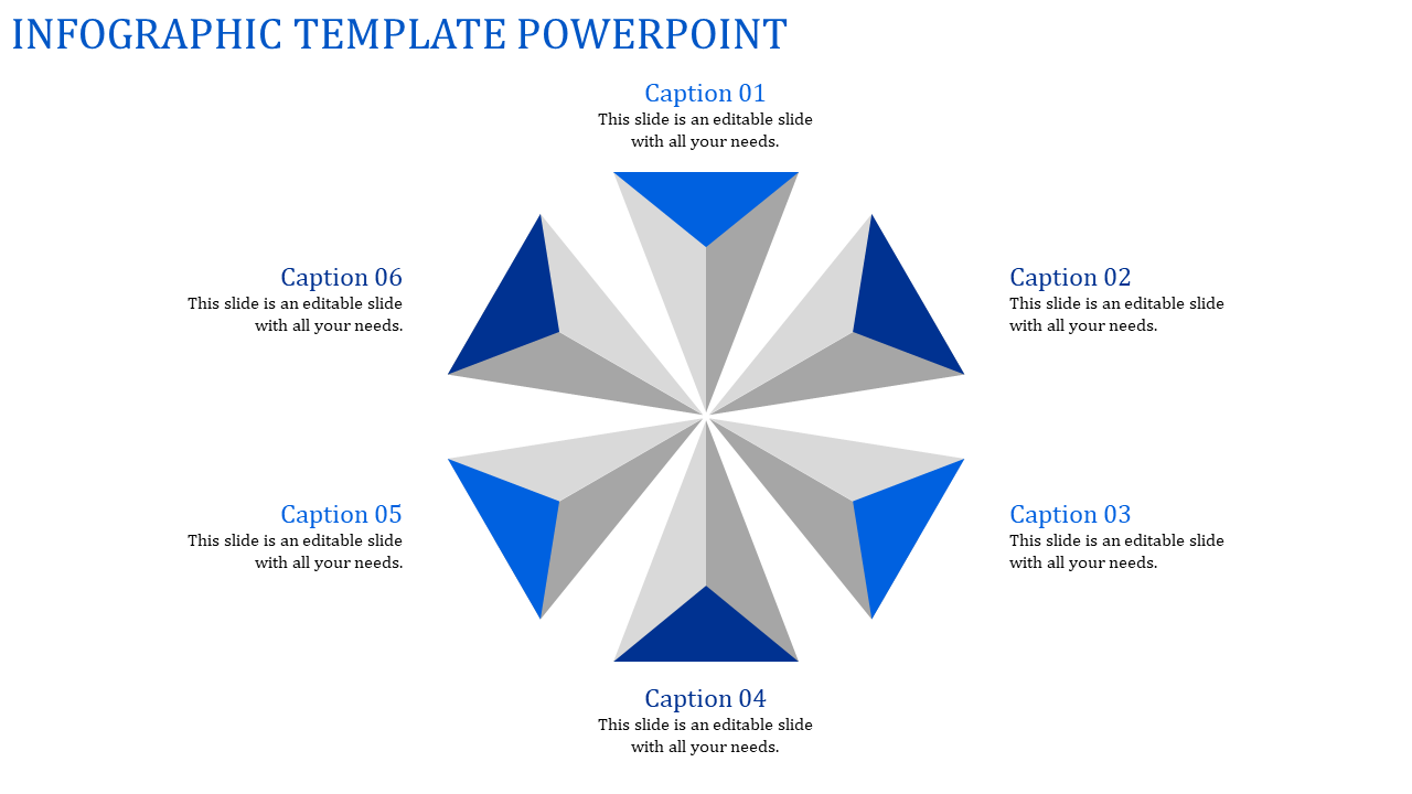 Infographic PowerPoint slide featuring a radial design with captions labeled from 01 to 06 surrounding the graphic.