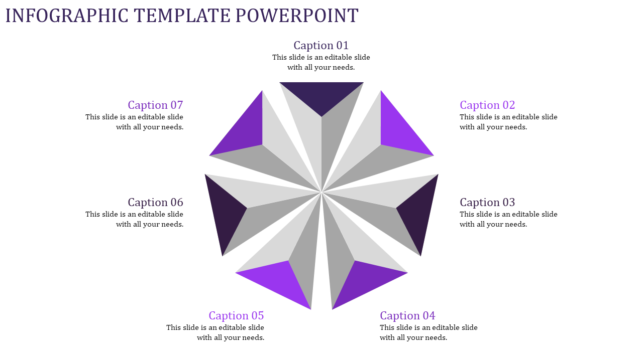 Star shaped infographic with seven purple and gray segments, each labeled with a caption surrounding the shape.