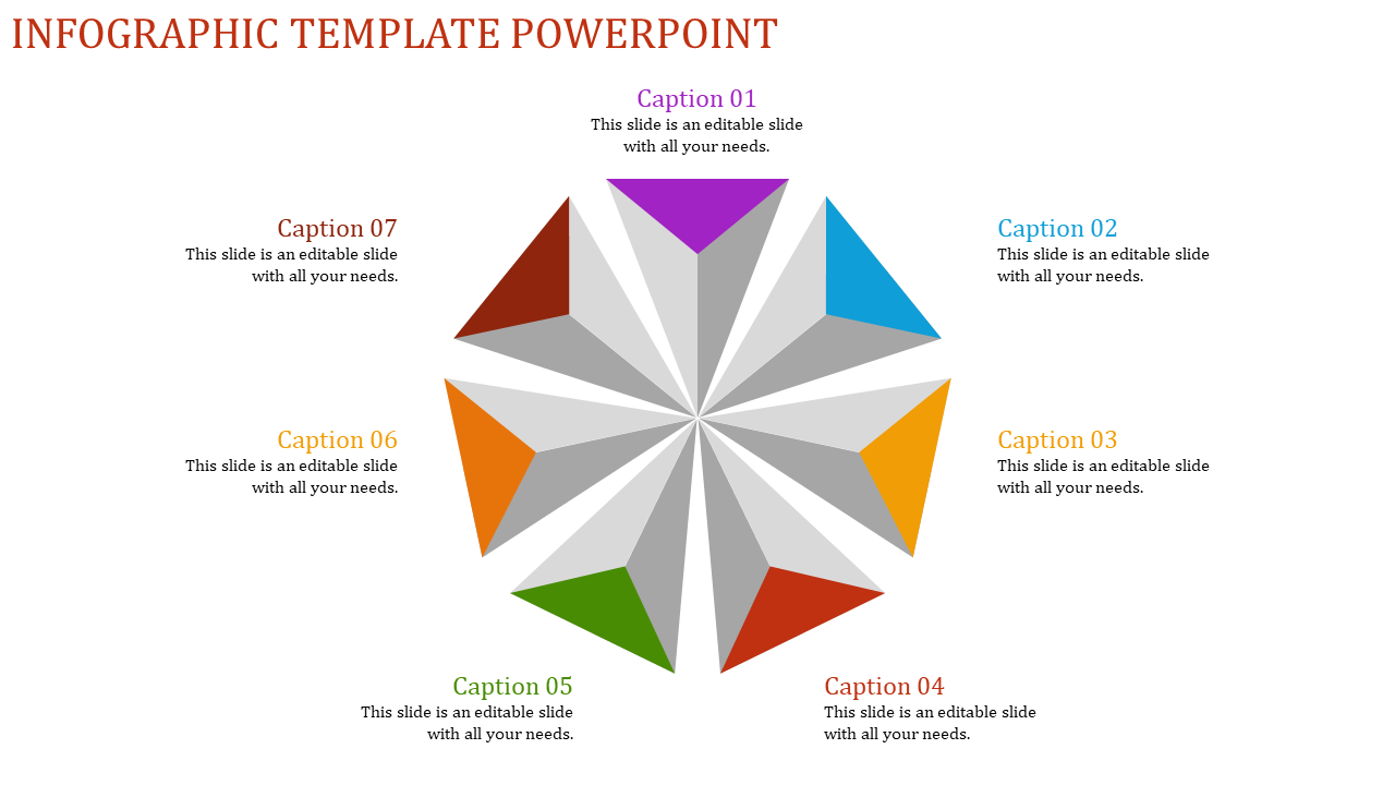 Infographic template featuring a colorful pie chart design with seven caption areas in white background.