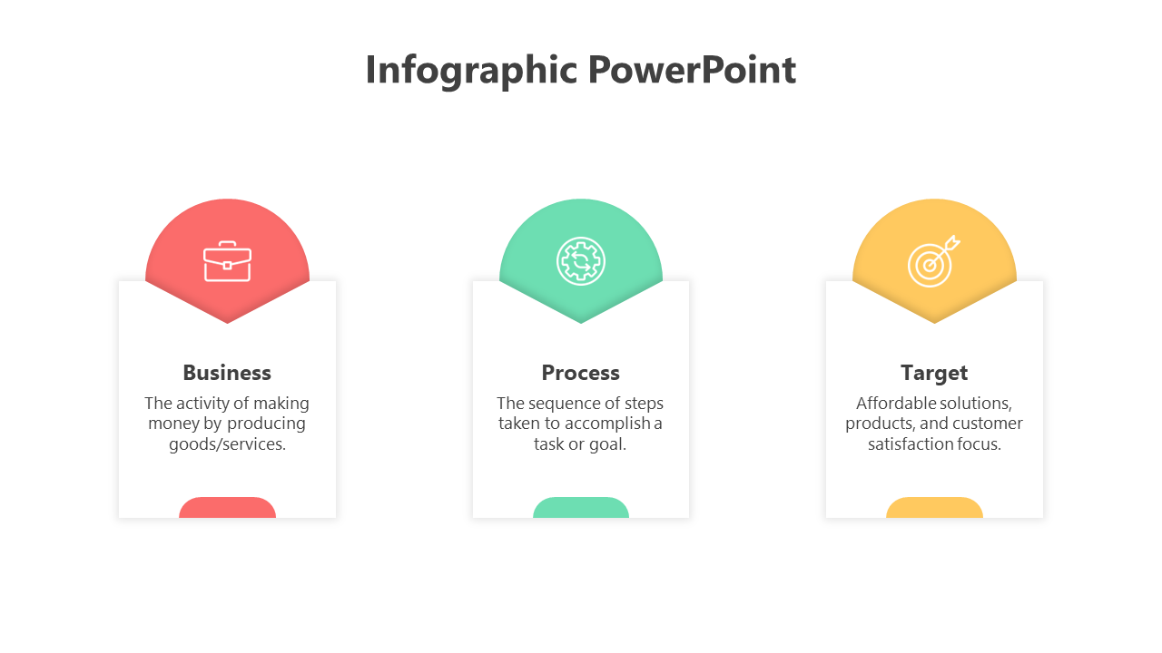 Three step infographic with red, green, and yellow semicircle icons above white text boxes for business concepts.