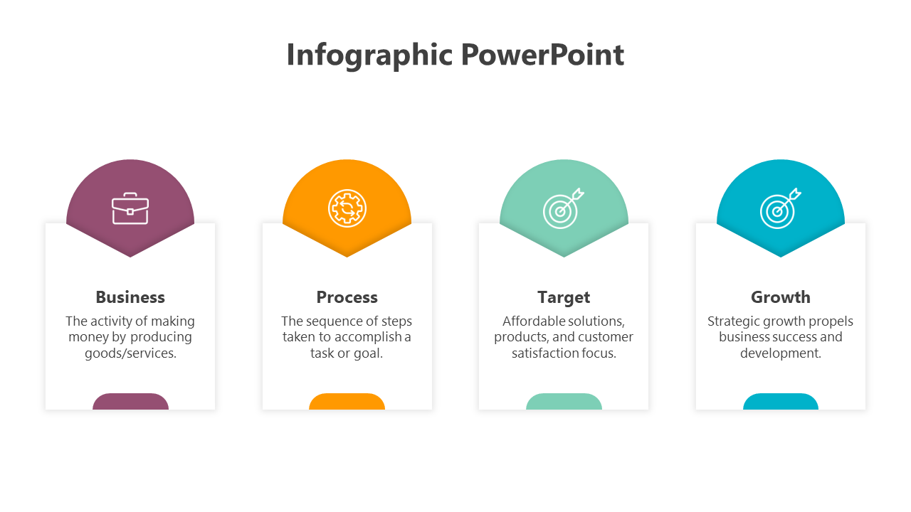 Infographic PowerPoint template with colorful icons representing business, process, target, and growth.