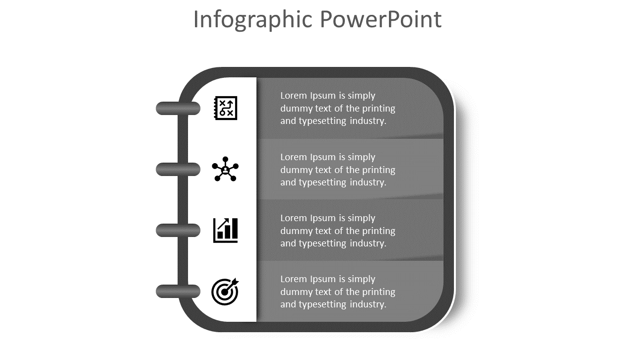 Infographic template formatted like a notebook, containing four sections with icons for easy content customization,