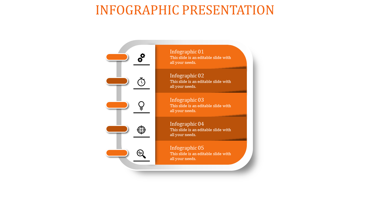 Infographic PowerPoint template with five sections in orange, including icons for each section.