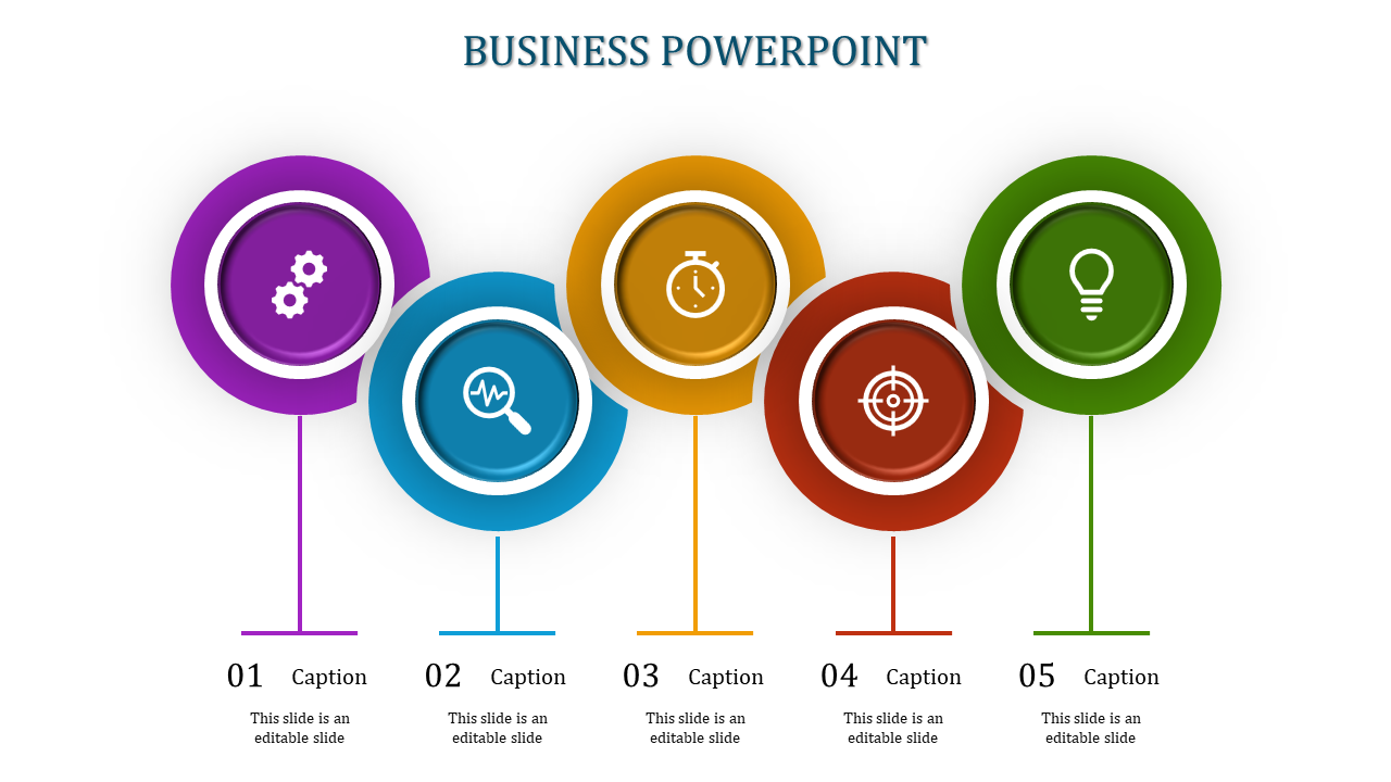 Business slide with five circular icons in purple, blue, yellow, red, and green, each connected to numbered captions below.