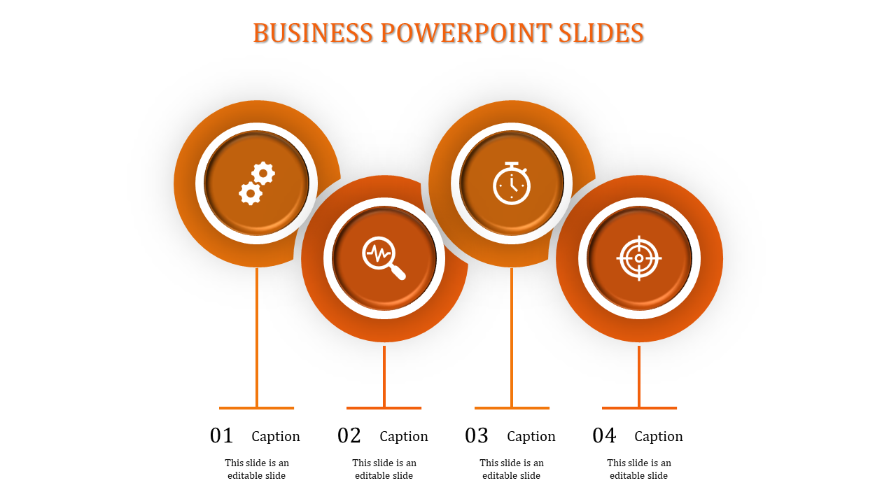 Business infographic with orange circular icons for settings, analysis, time, and target, connected to captions below.