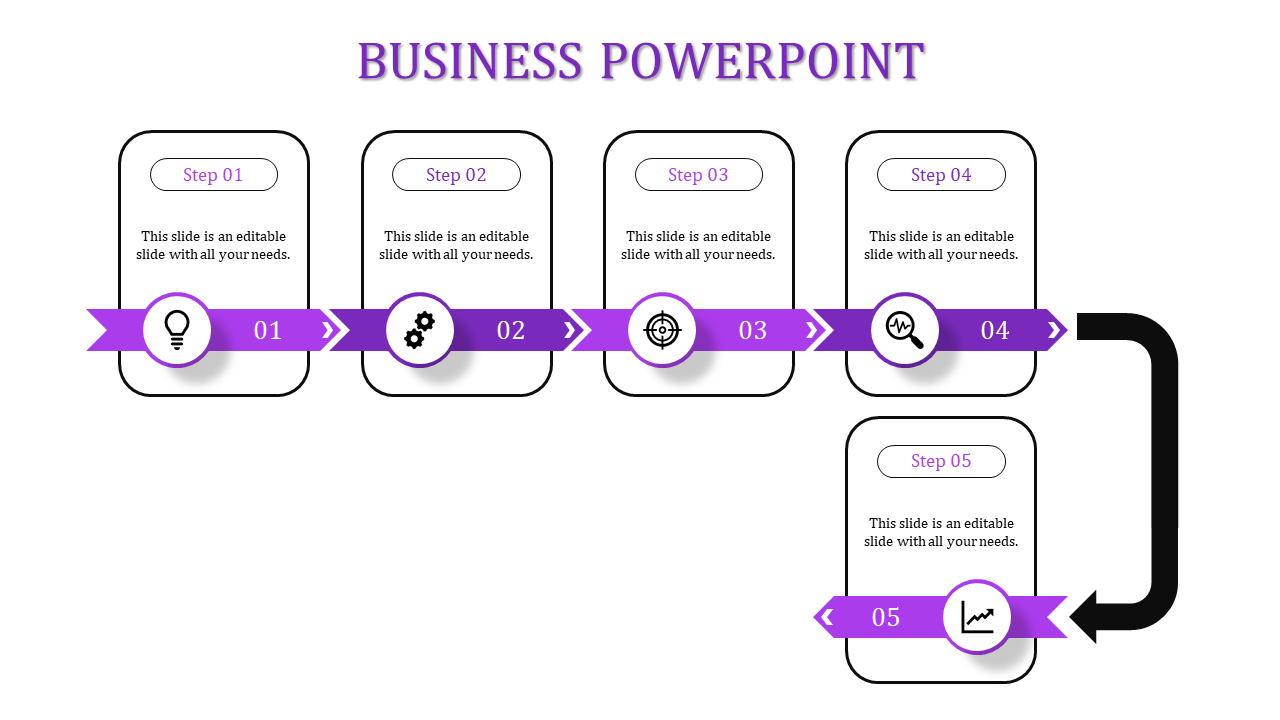 Business PowerPoint slide showcasing a five step linear timeline with a purple theme and process icons.