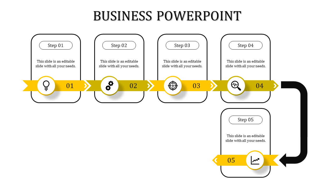 Minimalist business slide design with five steps, featuring yellow banners, circular icons, and rectangular placeholders.