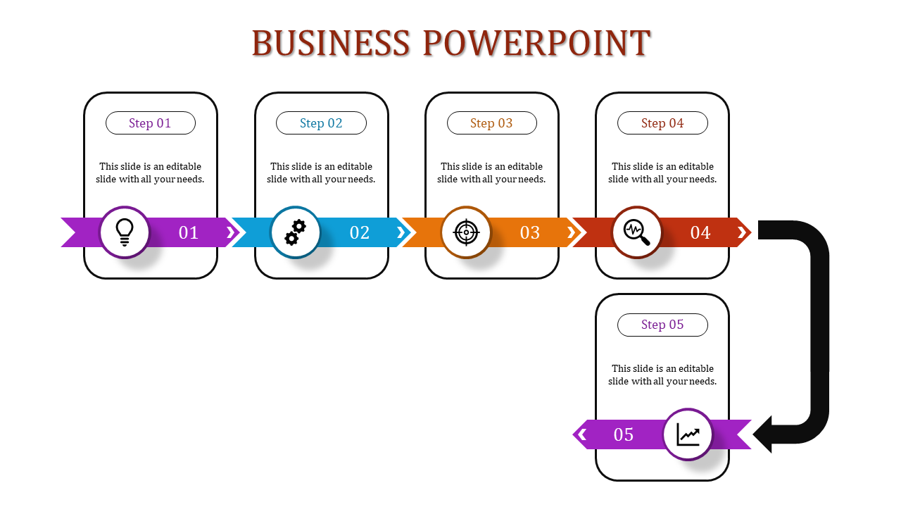 Business PowerPoint timeline with five steps featuring icons and vibrant colors for a sequential workflow.