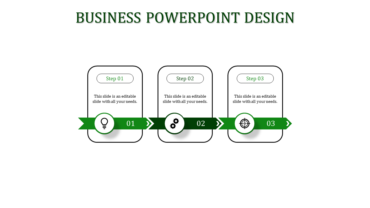 Three step business slide with green banners, featuring circular icons and rectangular boxes, on a clean white background.