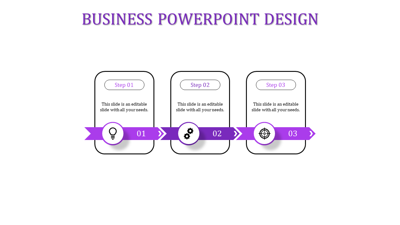 Business slide featuring three steps in a process with purple arrows and icons, framed in rectangles.