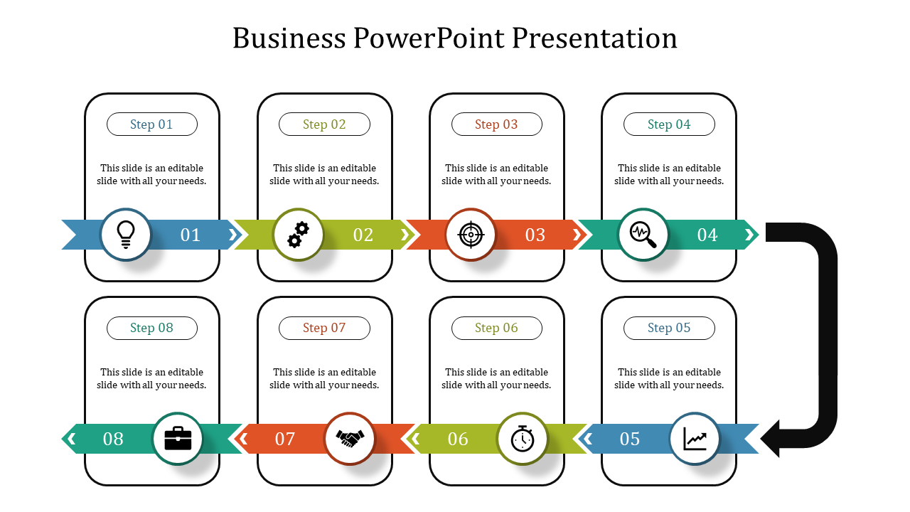 Eight step infographic layout with text boxes and colorful arrows connecting circular icons on a white background.