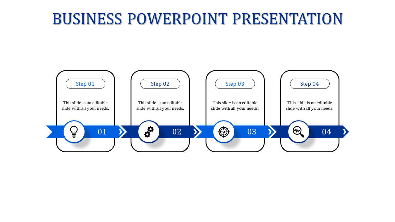 Four step slide blue themed business PowerPoint presentation design showcasing sequential process with icons and text.