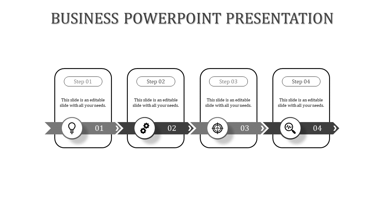 Sequential layout in grayscale with four numbered steps, each with icons, connected by directional arrows.