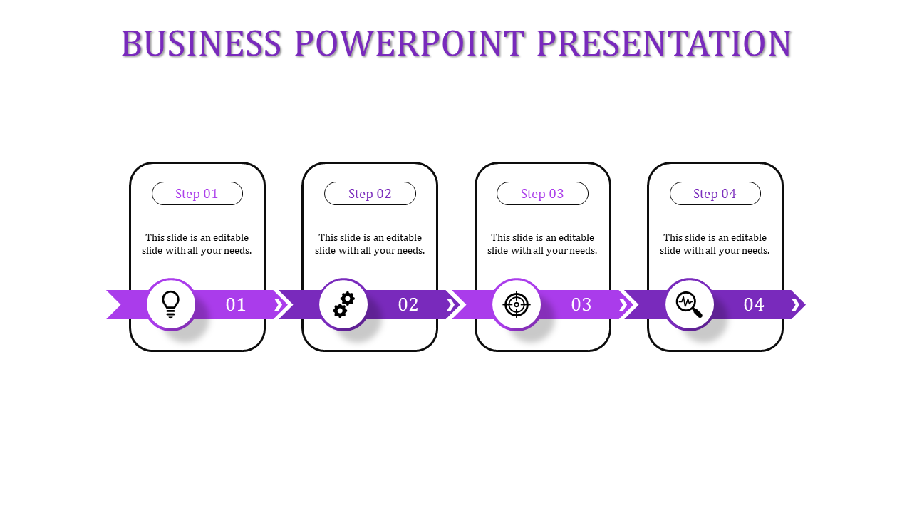 Infographic layout with purple ribbons linking four rectangular text boxes and icons in a sequential flow.