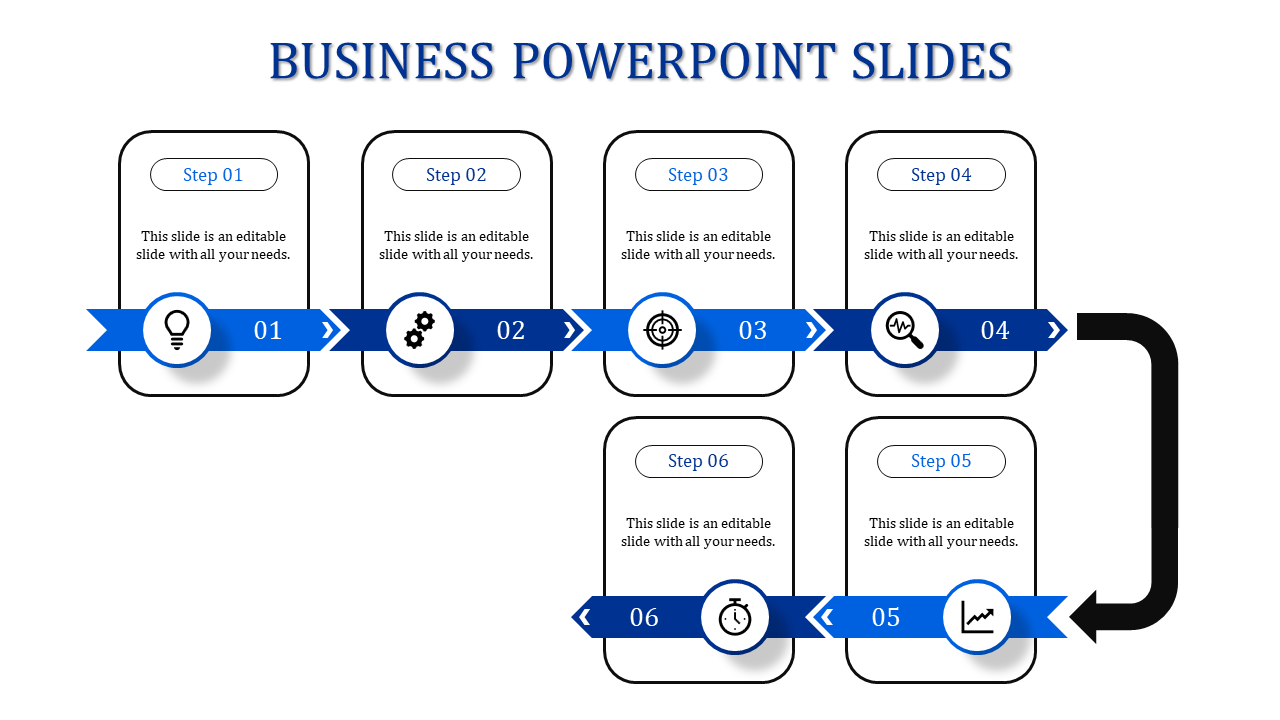 Blue themed six step business presentation slide with sequential process flow and text boxes with icons and placeholder text.