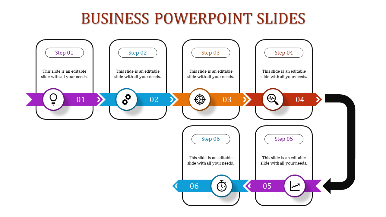 Infographic layout featuring multicolored ribbons linking six rectangular text boxes and icons in a sequential flow.