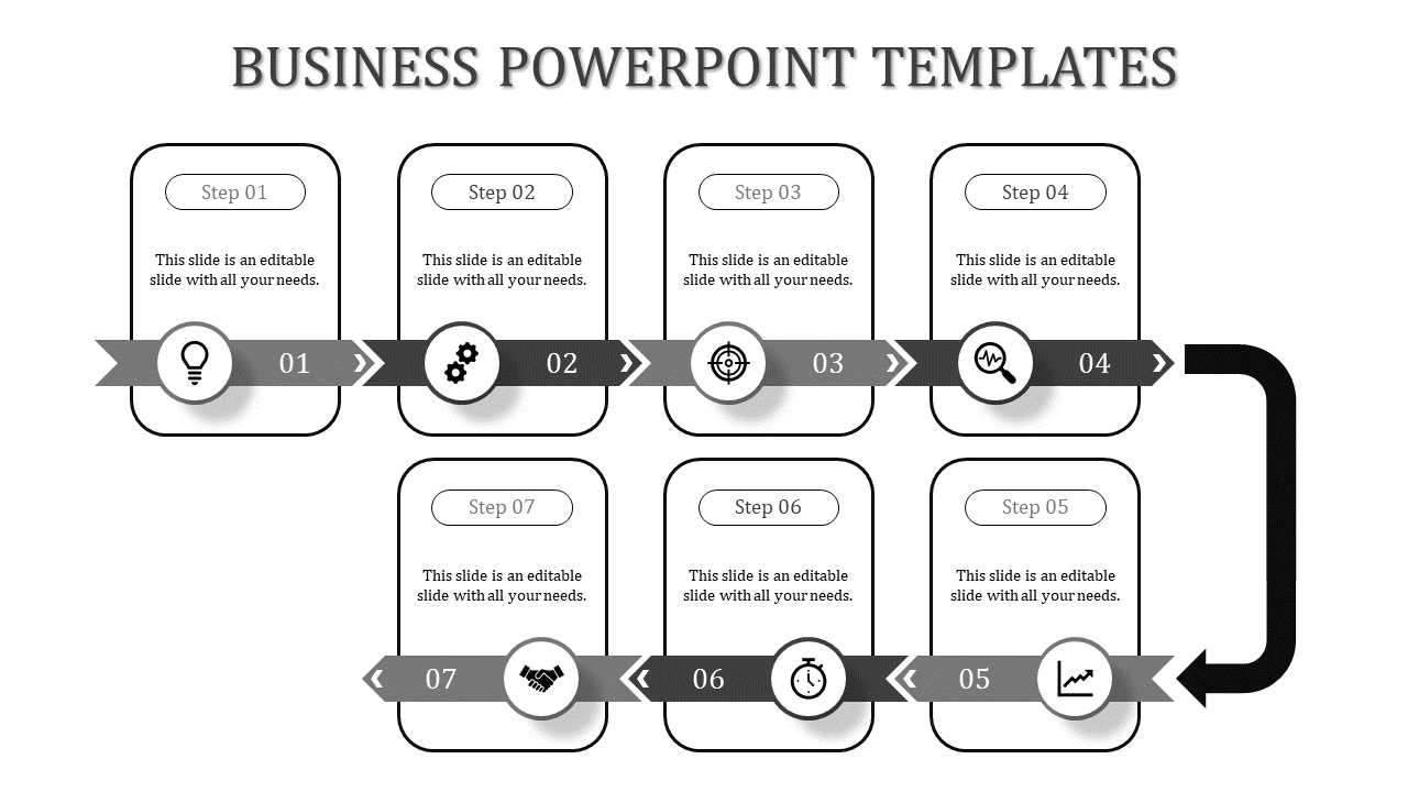 Business slide featuring two rows of seven connected steps with gray banners, featuring circular icons and text areas.