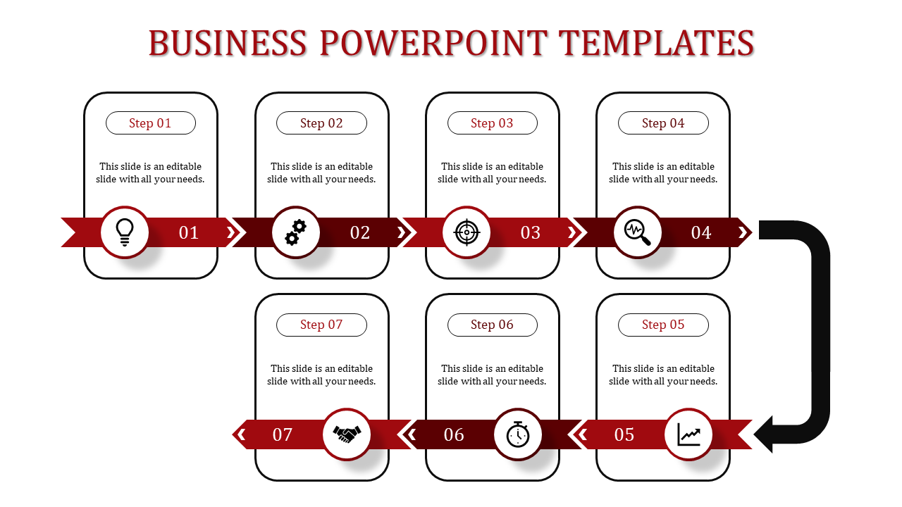 Seven step business PPT template with red arrows, icons, and descriptions in a structured layout with placeholder text.