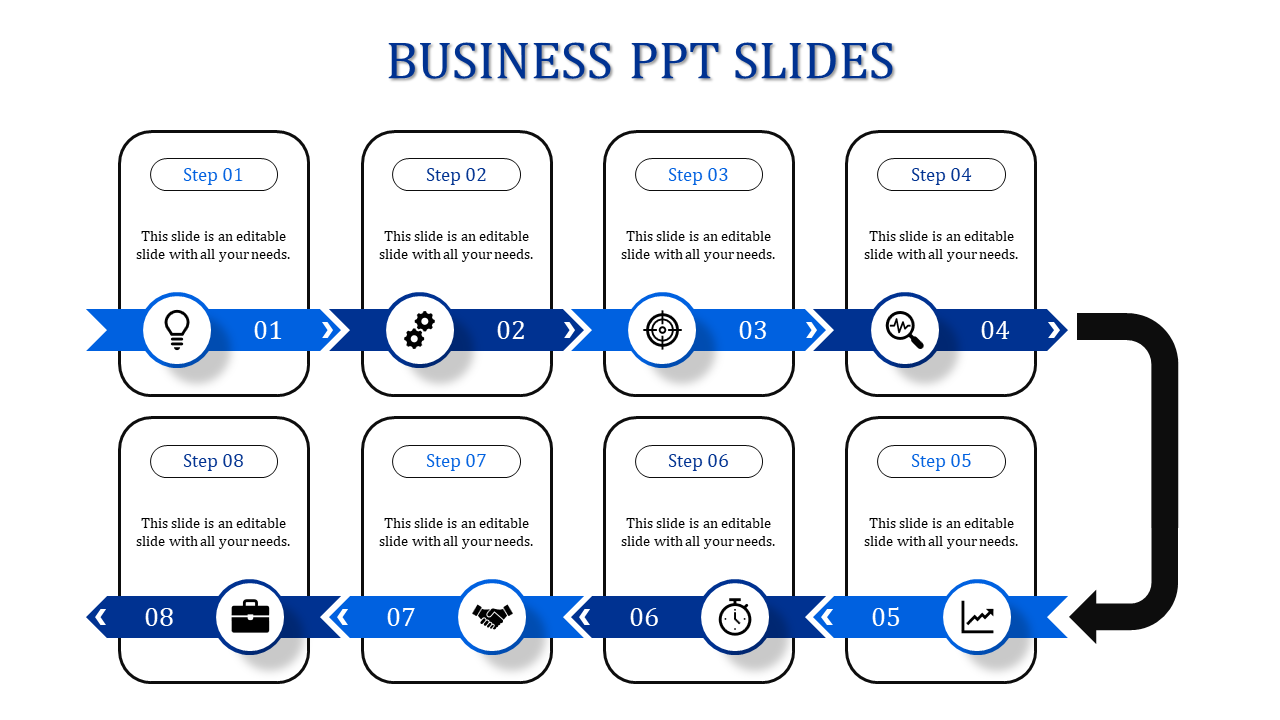 Eight step business PPT template with blue themed arrows, icons, and text boxes showcasing a sequential process.