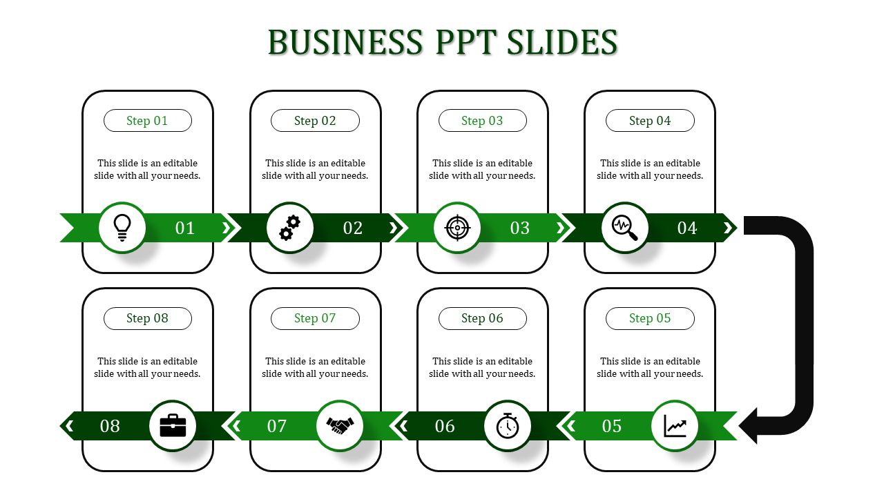 Eight step business slide with green arrows, featuring icons and text boxes arranged in two rows.