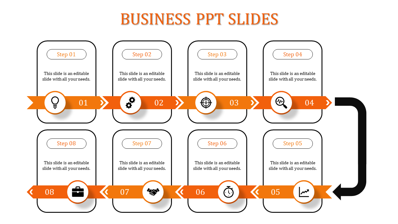 Eight step business PPT template with orange themed arrows, icons, and text boxes showcasing a sequential process.