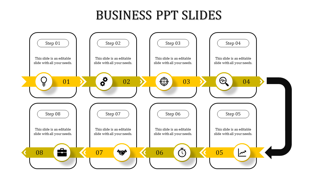 Eight step business PPT template with yellow themed arrows, icons, and text boxes showcasing a sequential process.