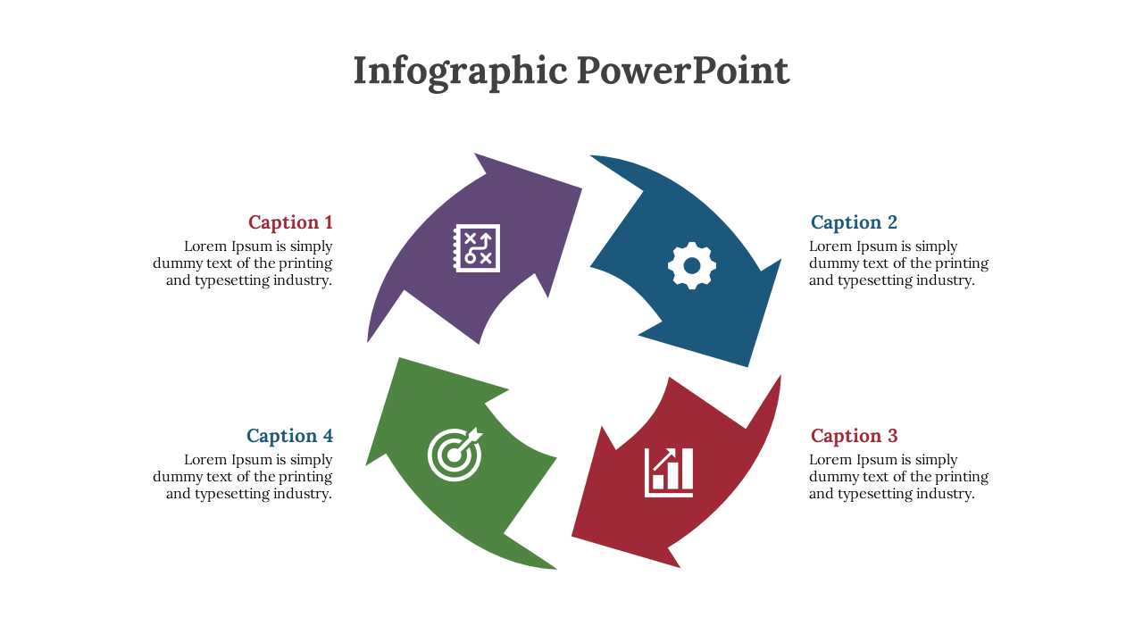 Infographic featuring a rotating four step cycle with arrows displaying icons from strategy and business growth.