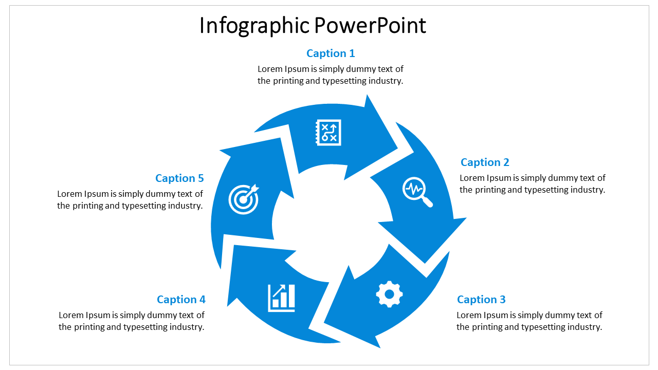 Infographic PowerPoint slide with five stages in a blue color circular flow each stage labeled with a relevant icon.