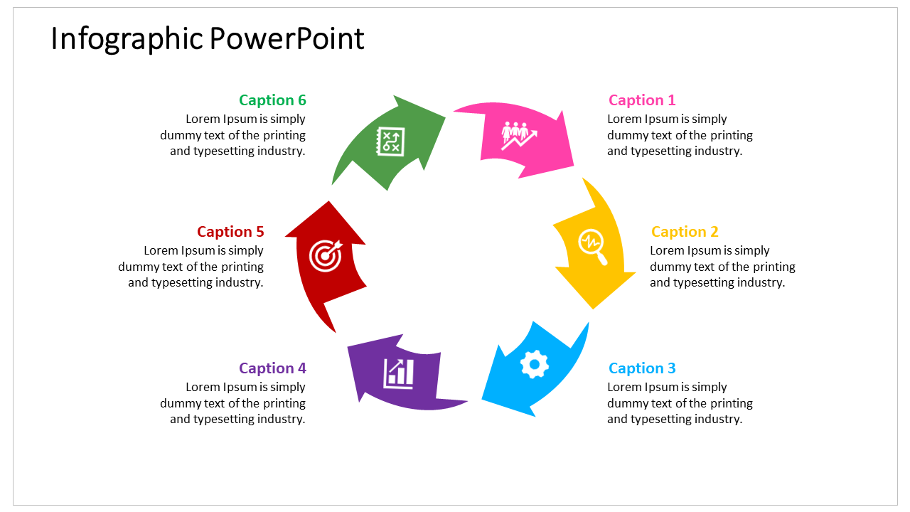 Circular infographic with six colorful arrows pointing clockwise, each labeled with icons and captions areas.