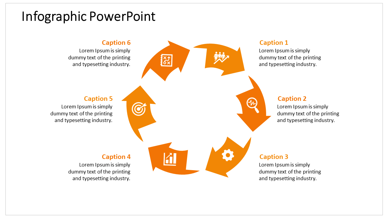 Circular infographic PowerPoint slide with six orange arrows, each containing icons and captions for various processes.