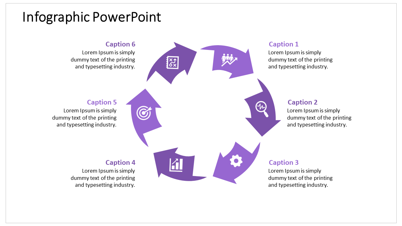 Colorful infographic PowerPoint template featuring multiple data visualization elements and icons in a modern layout.