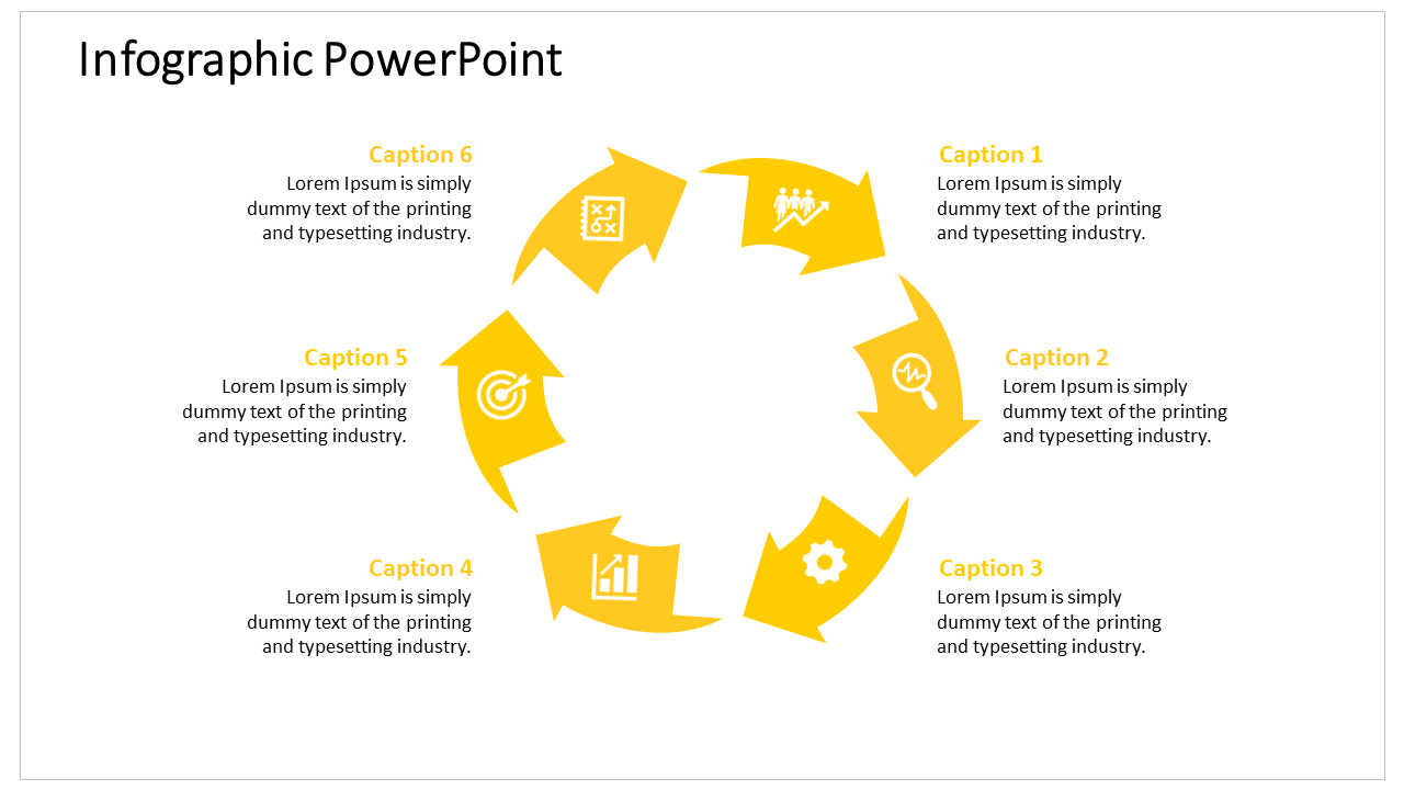 Infographic PowerPoint slide featuring a yellow circular flow diagram with icons and text areas for captions.