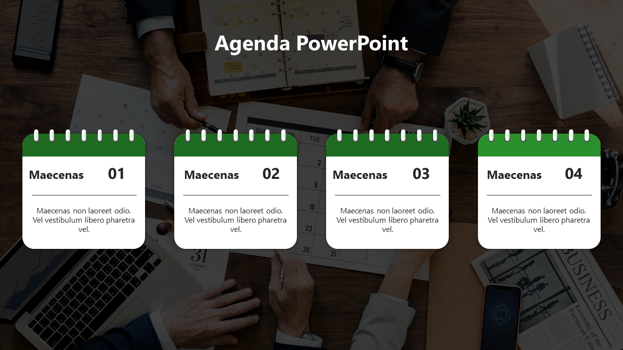 Agenda PowerPoint slide with four green calendar style sections labeled Maecenas 01 to 04, over a desk background.