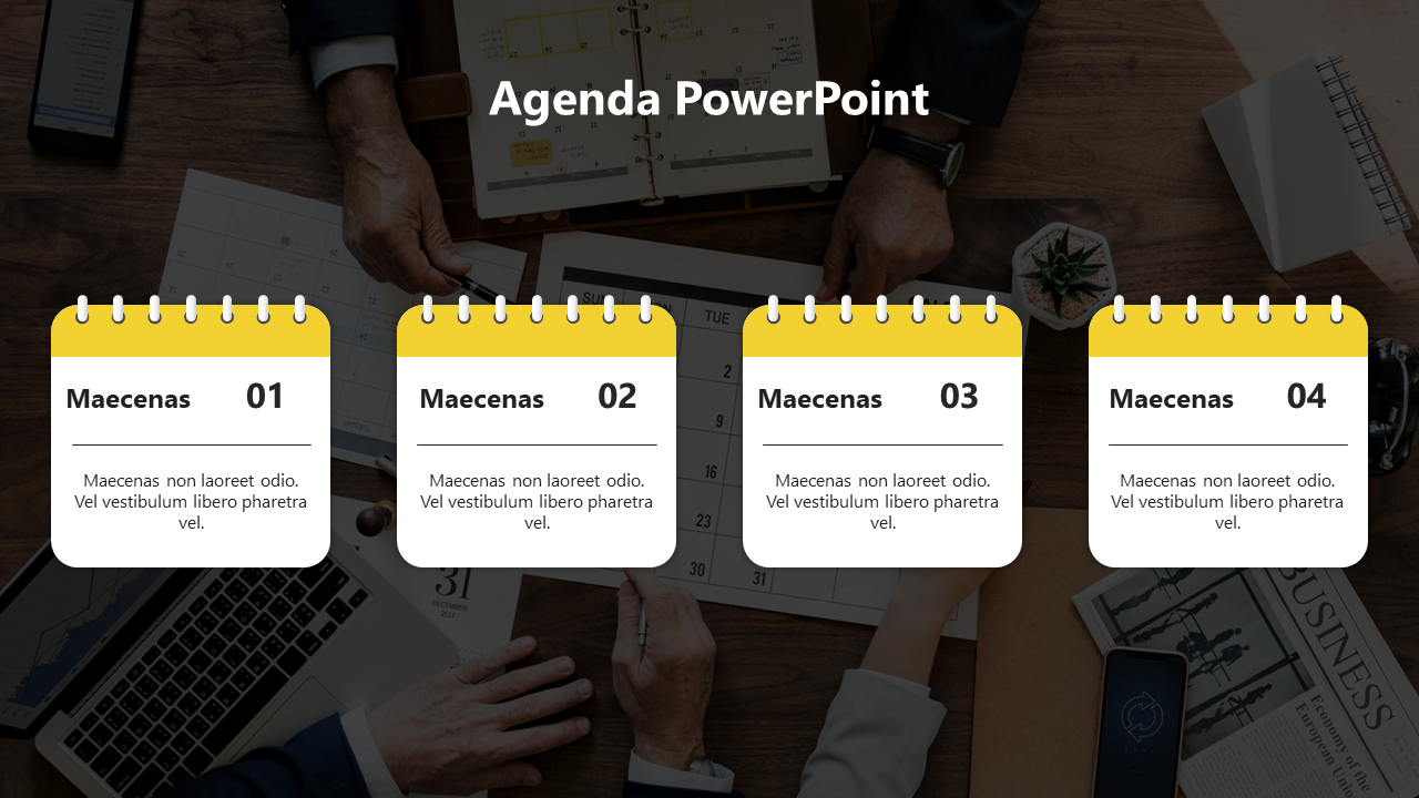 Agenda PowerPoint slide with four yellow calendar style sections labeled Maecenas 01 to 04, over a workspace background.