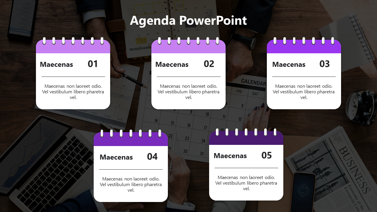 Agenda PPT slide displaying five calendar style cards with purple headers numbered 01 to 05 and placeholders for text.