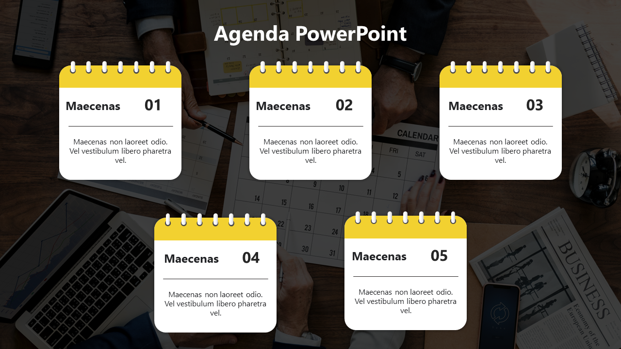 Agenda slide with five yellow and white calendar style cards arranged in a grid on a blurred office background.