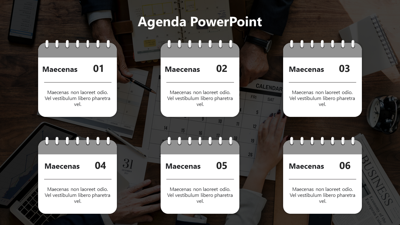 Agenda PPT slide featuring six gray calendar style blocks over a background of hands working on a physical calendar.